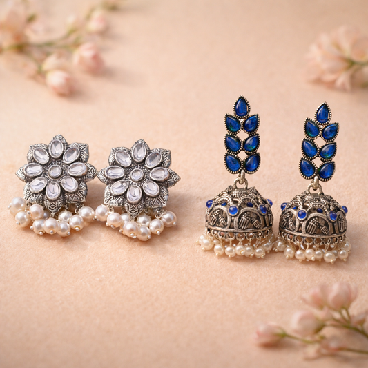 Jugni vibrant stud earrings (White)&Leaf Cascade jhumki earrings (Blue) Combo set