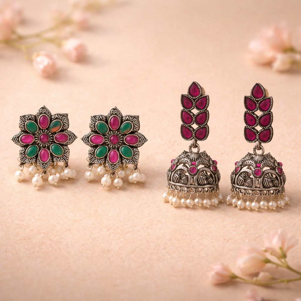 Jugni vibrant stud earrings (Multicolored)&Leaf Cascade jhumki earrings (Red) Combo set