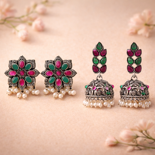 Jugni vibrant stud earrings (Multicolored)&Leaf Cascade jhumki earrings (Multicolored) Combo set