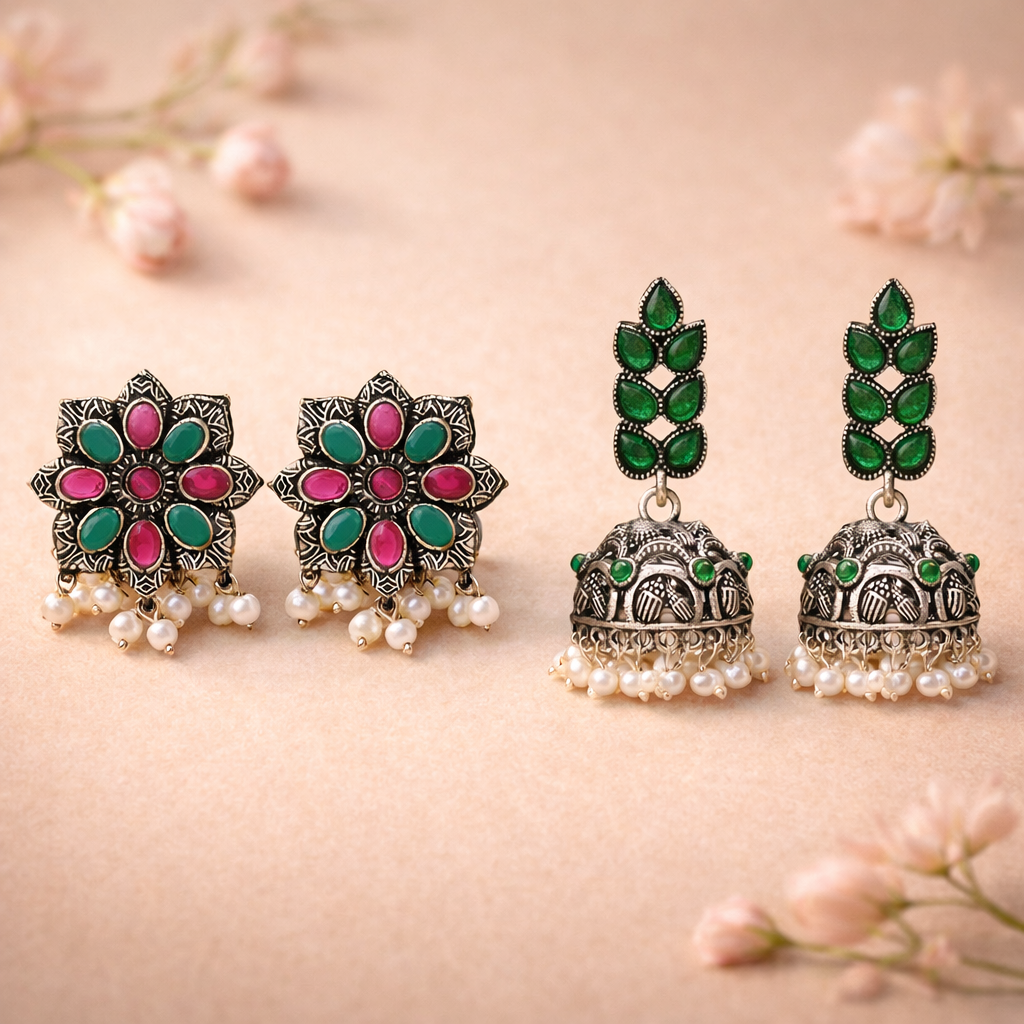 Jugni vibrant stud earrings (Multicolored)&Leaf Cascade jhumki earrings (Green) Combo set