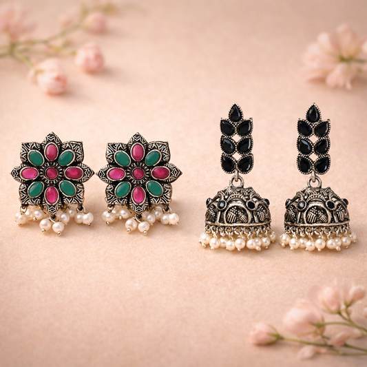 Jugni vibrant stud earrings (Multicolored)&Leaf Cascade jhumki earrings (Black) Combo set