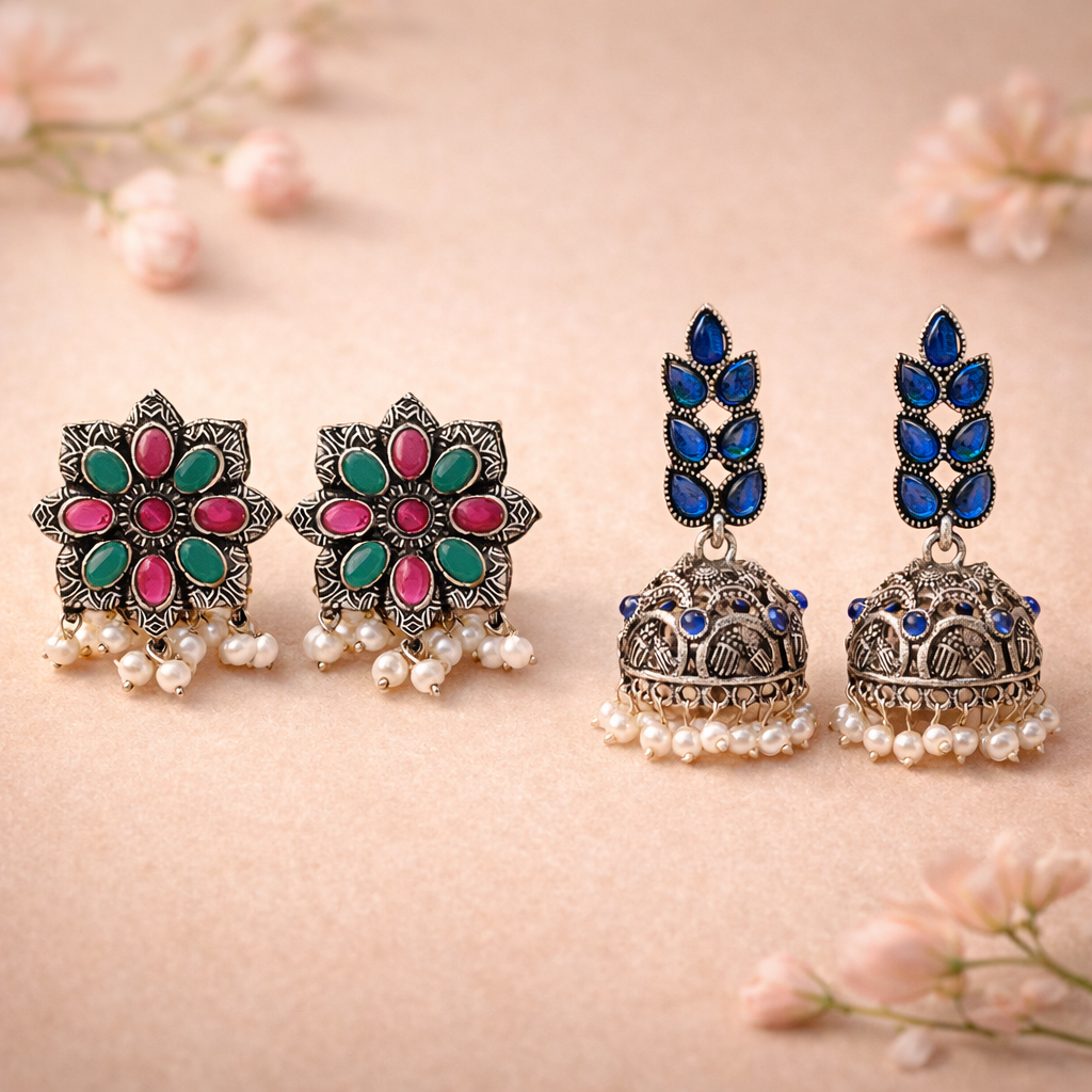 Jugni vibrant stud earrings (Multicolored)&Leaf Cascade jhumki earrings (Blue) Combo set
