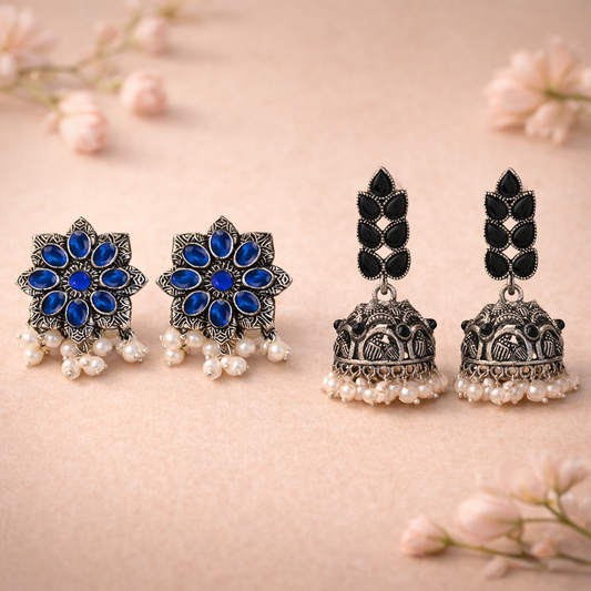 Jugni vibrant stud earrings (Blue)&Leaf Cascade jhumki earrings (Black) Combo set
