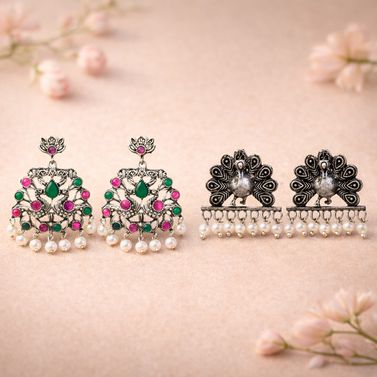 Peacock glow stone studded dangler earrings (Multicolored)&Meena Manjari stone stud earrings (Silver) Combo set