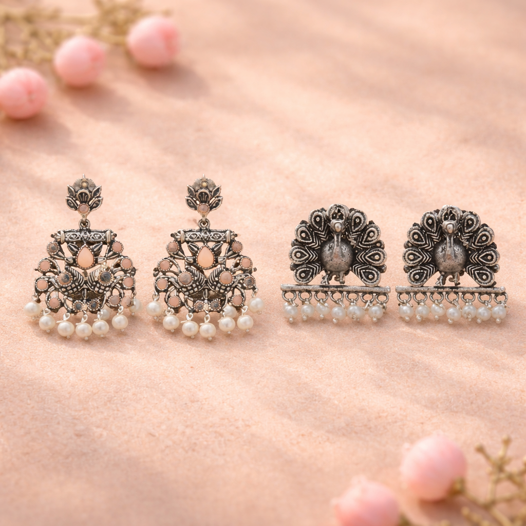 Peacock glow stone studded dangler earrings (Light Orange)&Meena Manjari stone stud earrings (Silver) Combo set