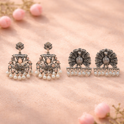 Peacock glow stone studded dangler earrings (Light Orange)&Meena Manjari stone stud earrings (Silver) Combo set