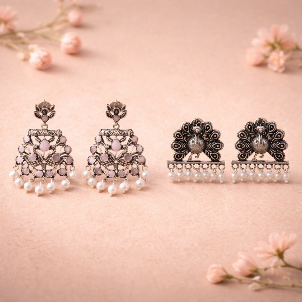 Peacock glow stone studded dangler earrings (Baby Pink)&Meena Manjari stone stud earrings (Silver) Combo set