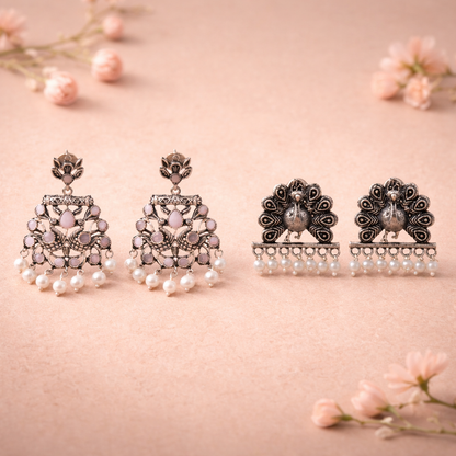 Peacock glow stone studded dangler earrings (Baby Pink)&Meena Manjari stone stud earrings (Silver) Combo set