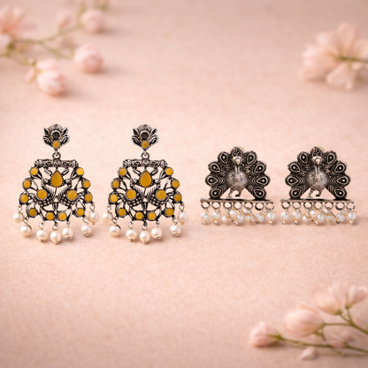 Peacock glow stone studded dangler earrings (Yellow)&Meena Manjari stone stud earrings (Silver) Combo set