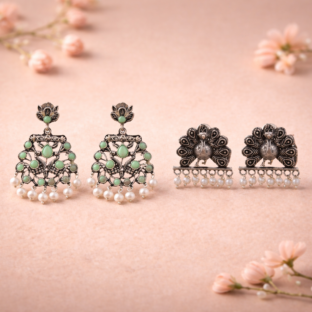 Peacock glow stone studded dangler earrings (Pista)&Meena Manjari stone stud earrings (Silver) Combo set