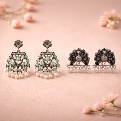 Peacock glow stone studded dangler earrings (Pista)&Meena Manjari stone stud earrings (Silver) Combo set