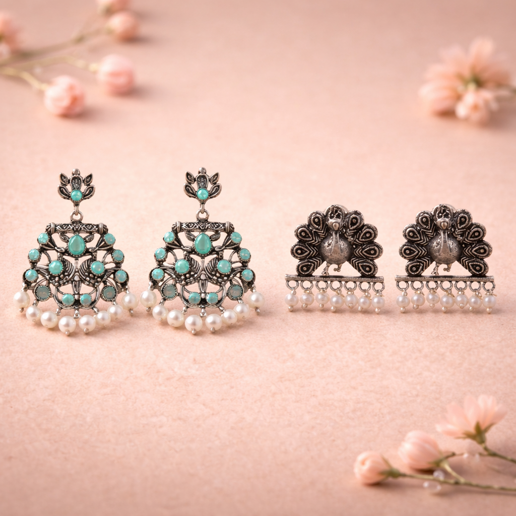 Peacock glow stone studded dangler earrings (Mint)&Meena Manjari stone stud earrings (Silver) Combo set