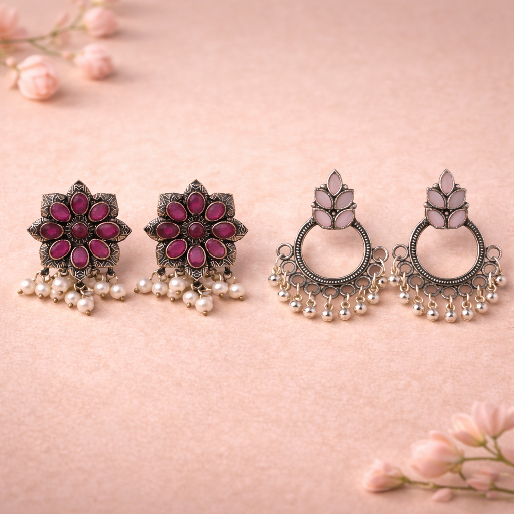 Jugni vibrant stud earrings (Red)&Fine Shine stud earrings (Baby Pink) Combo set