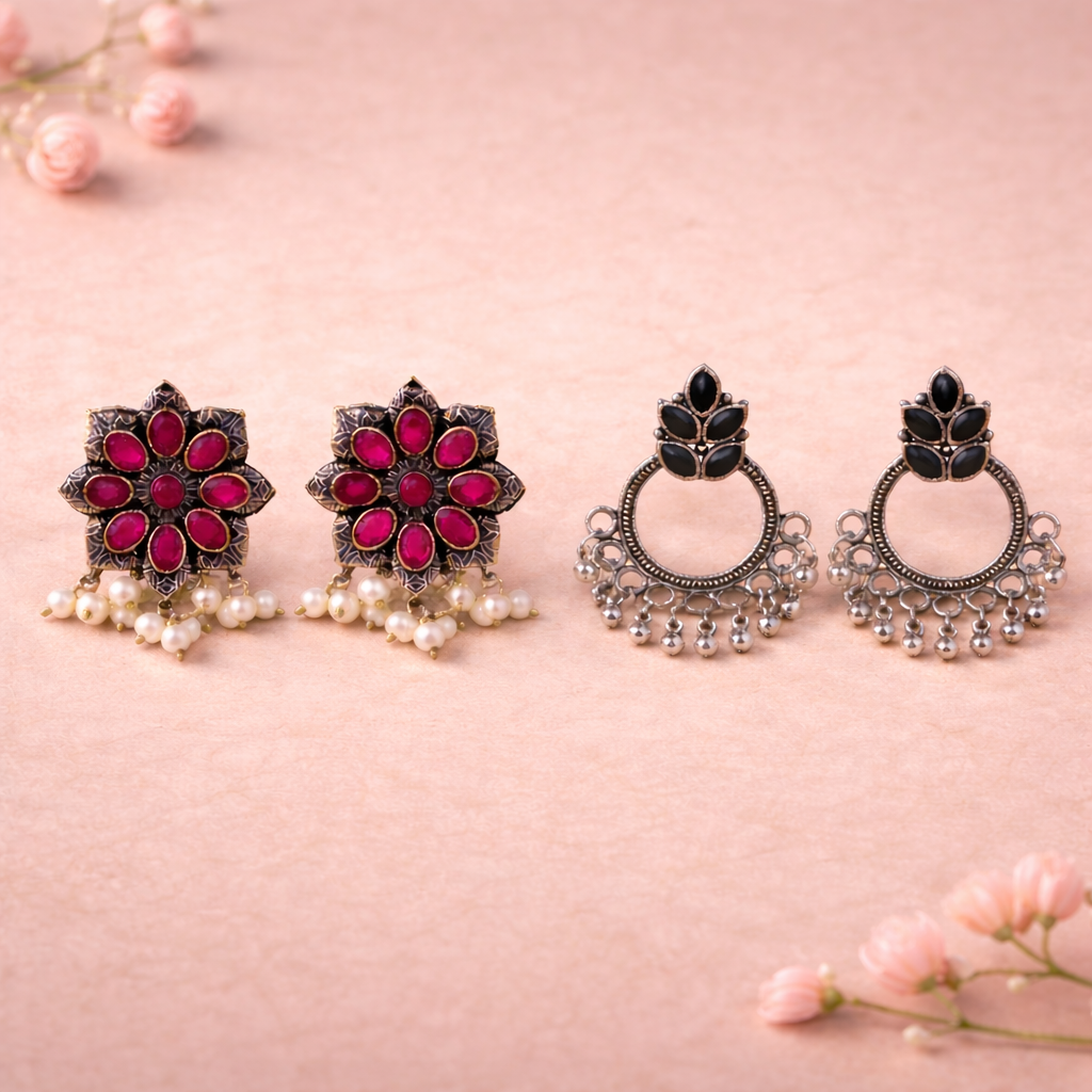 Jugni vibrant stud earrings (Red)&Fine Shine stud earrings (Black) Combo set