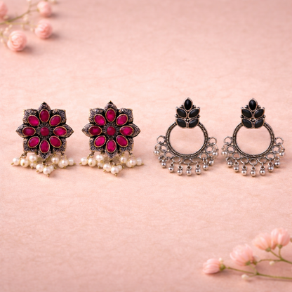 Jugni vibrant stud earrings (Red)&Fine Shine stud earrings (Black) Combo set