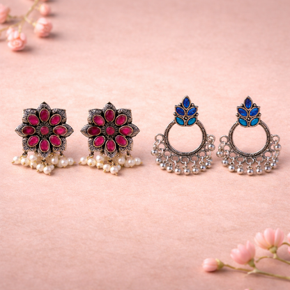 Jugni vibrant stud earrings (Red)&Fine Shine stud earrings (Blue) Combo set