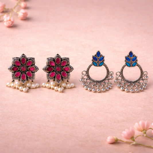 Jugni vibrant stud earrings (Red)&Fine Shine stud earrings (Blue) Combo set