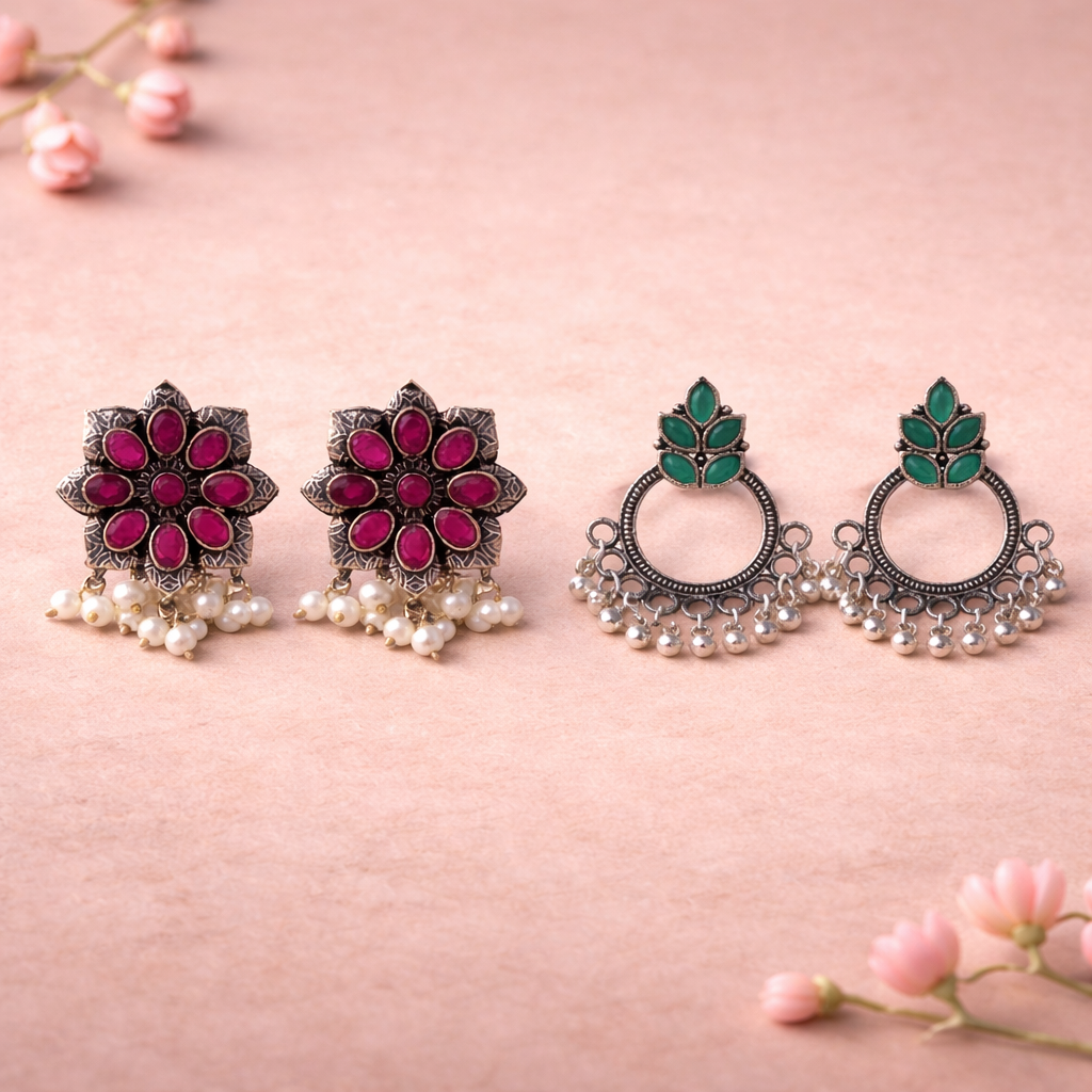 Jugni vibrant stud earrings (Red)&Fine Shine stud earrings (Green) Combo set
