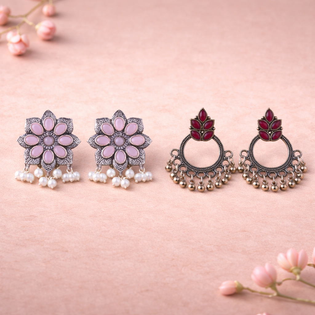 Jugni vibrant stud earrings (Baby Pink)&Fine Shine stud earrings (Red) Combo set