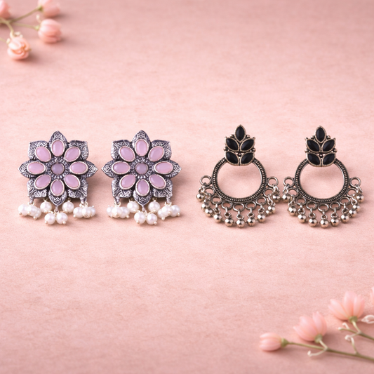 Jugni vibrant stud earrings (Baby Pink)&Fine Shine stud earrings (Black) Combo set