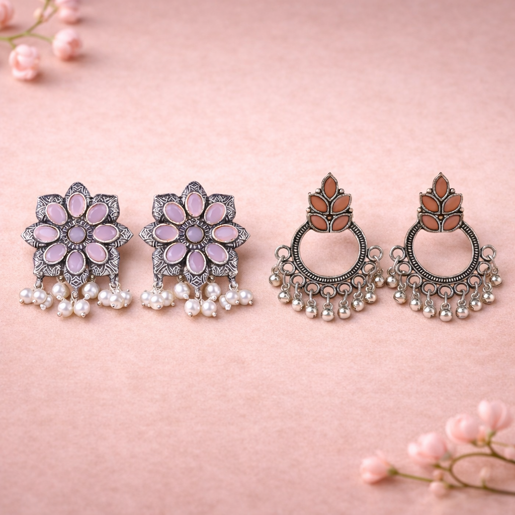 Jugni vibrant stud earrings (Baby Pink)&Fine Shine stud earrings (Light Orange) Combo set