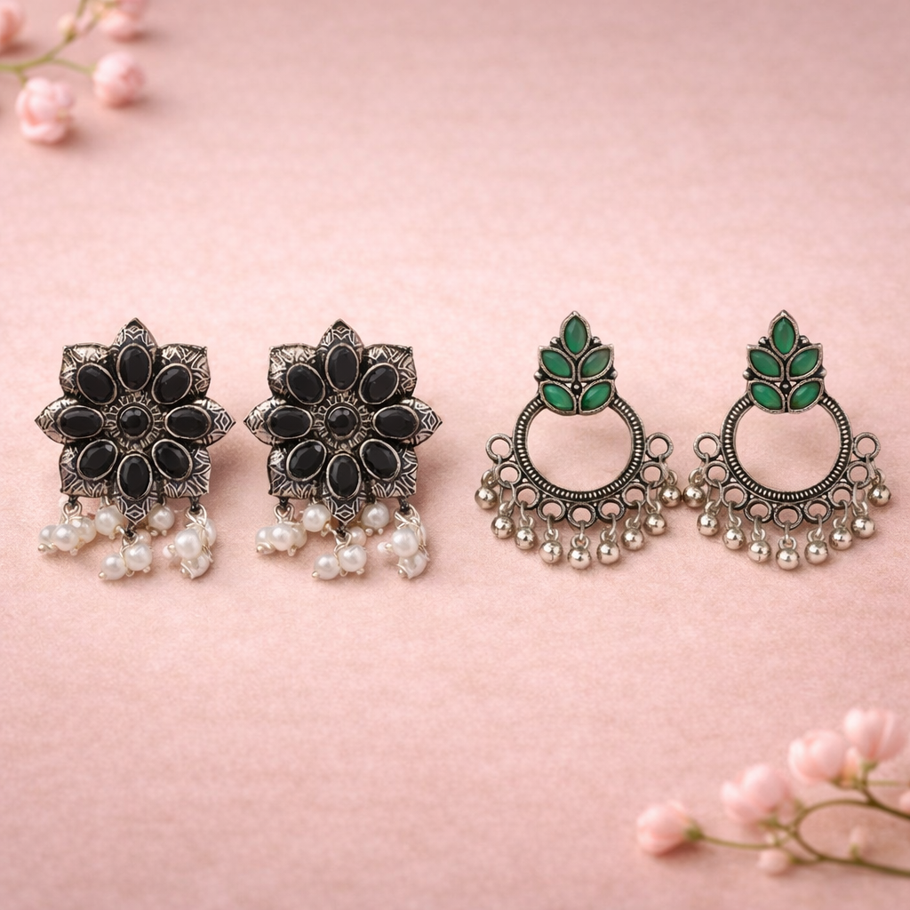 Jugni vibrant stud earrings (Black)&Fine Shine stud earrings (Green) Combo set