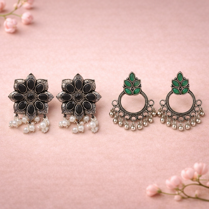 Jugni vibrant stud earrings (Black)&Fine Shine stud earrings (Green) Combo set