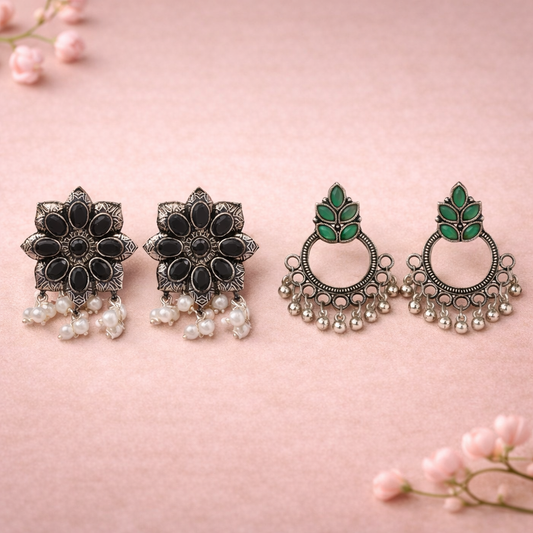 Jugni vibrant stud earrings (Black)&Fine Shine stud earrings (Green) Combo set
