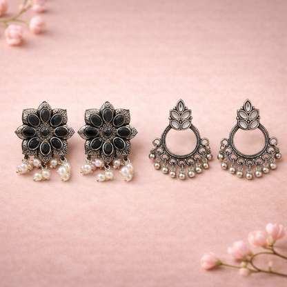 Jugni vibrant stud earrings (Black)&Fine Shine stud earrings (White) Combo set