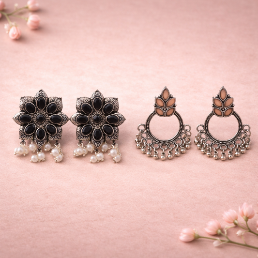 Jugni vibrant stud earrings (Black)&Fine Shine stud earrings (Light Orange) Combo set