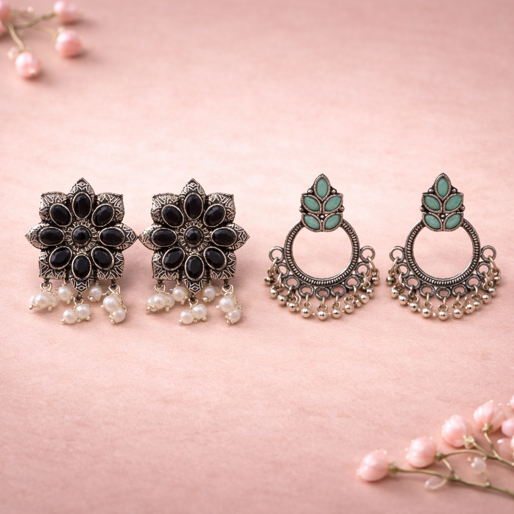 Jugni vibrant stud earrings (Black)&Fine Shine stud earrings (Mint) Combo set