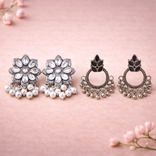 Jugni vibrant stud earrings (White)&Fine Shine stud earrings (Black) Combo set