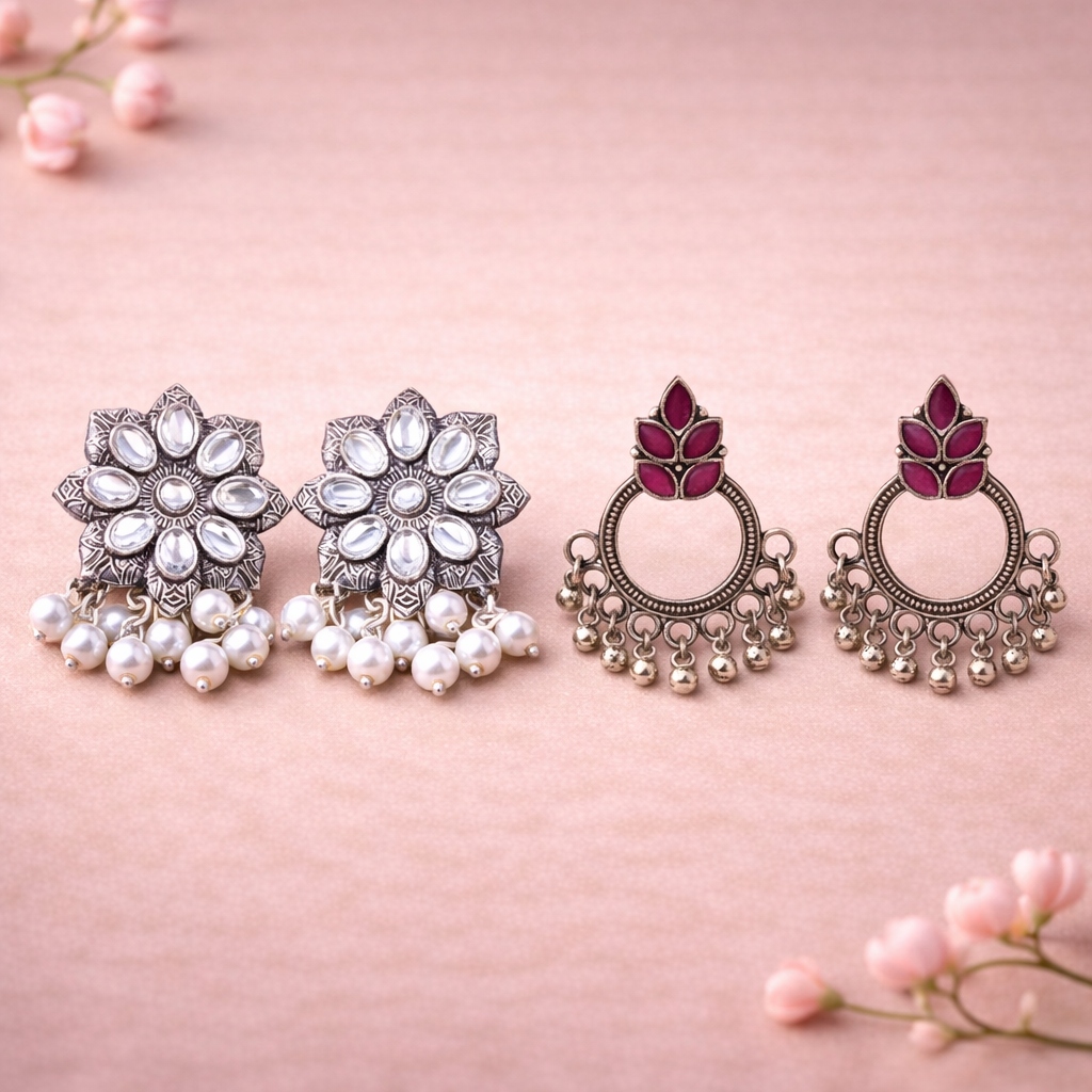 Jugni vibrant stud earrings (White)&Fine Shine stud earrings (Red) Combo set
