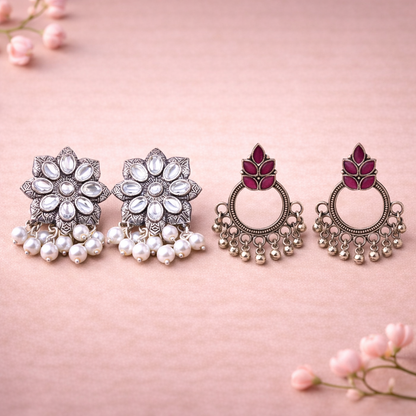 Jugni vibrant stud earrings (White)&Fine Shine stud earrings (Red) Combo set