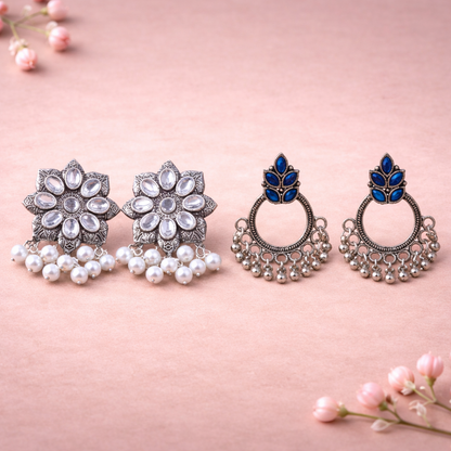 Jugni vibrant stud earrings (White)&Fine Shine stud earrings (Blue) Combo set