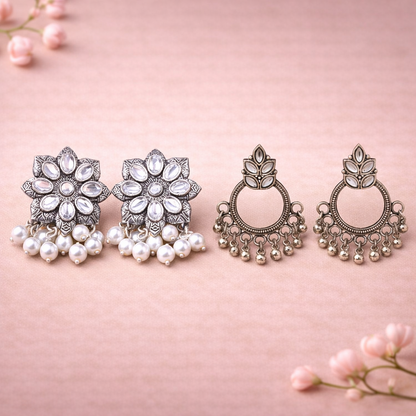 Jugni vibrant stud earrings (White)&Fine Shine stud earrings (White) Combo set