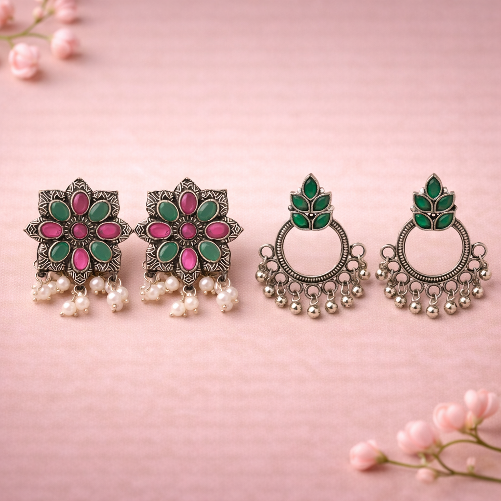 Jugni vibrant stud earrings (Multicolored)&Fine Shine stud earrings (Green) Combo set