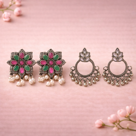 Jugni vibrant stud earrings (Multicolored)&Fine Shine stud earrings (White) Combo set