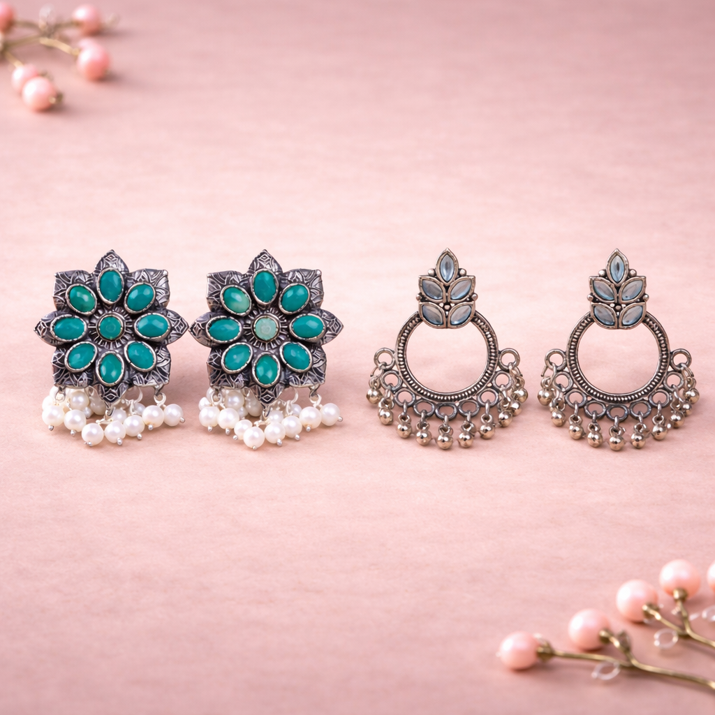 Jugni vibrant stud earrings (Green)&Fine Shine stud earrings (White) Combo set