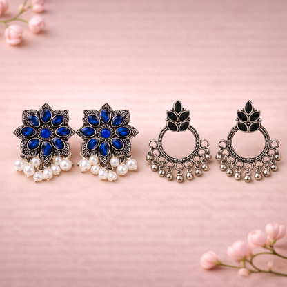 Jugni vibrant stud earrings (Blue)&Fine Shine stud earrings (Black) Combo set