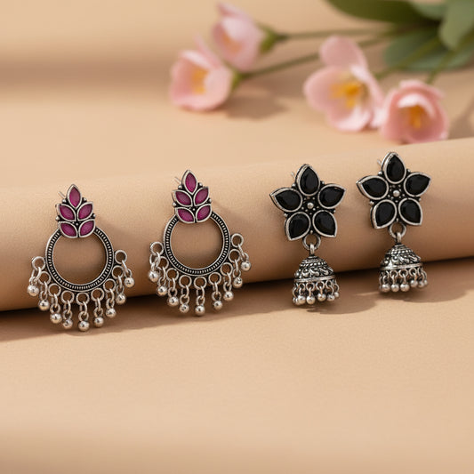 Fine Shine stud earrings (Red)&Beauty Bloom ghunghroo jhumki earring (Black) Combo set