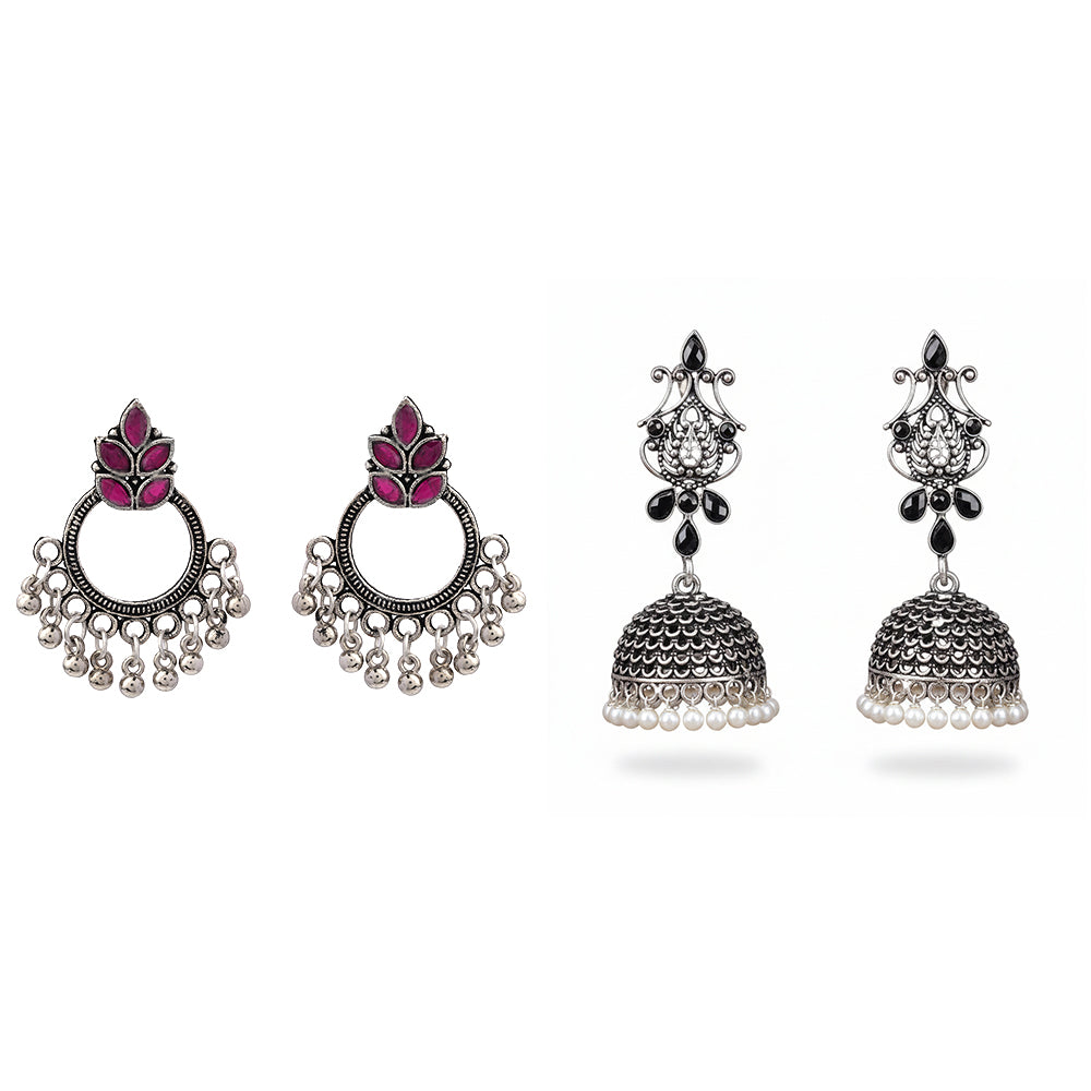 Fine Shine stud earrings (Red)&Kalash Kamal Jhumka earring (Black) Combo set