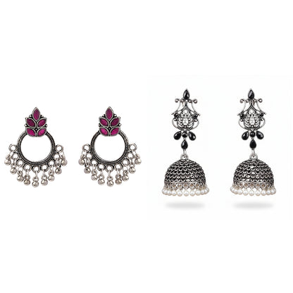 Fine Shine stud earrings (Red)&Kalash Kamal Jhumka earring (Black) Combo set