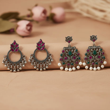 Fine Shine stud earrings (Red)&Peacock glow stone studded dangler earrings (Multicolored) Combo set