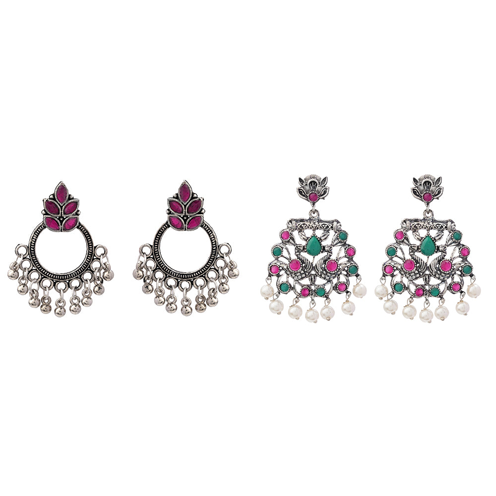 Fine Shine stud earrings (Red)&Peacock glow stone studded dangler earrings (Multicolored) Combo set