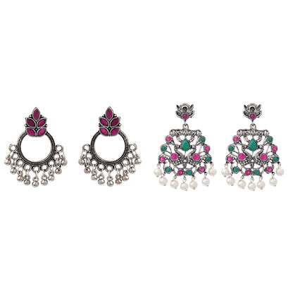Fine Shine stud earrings (Red)&Peacock glow stone studded dangler earrings (Multicolored) Combo set