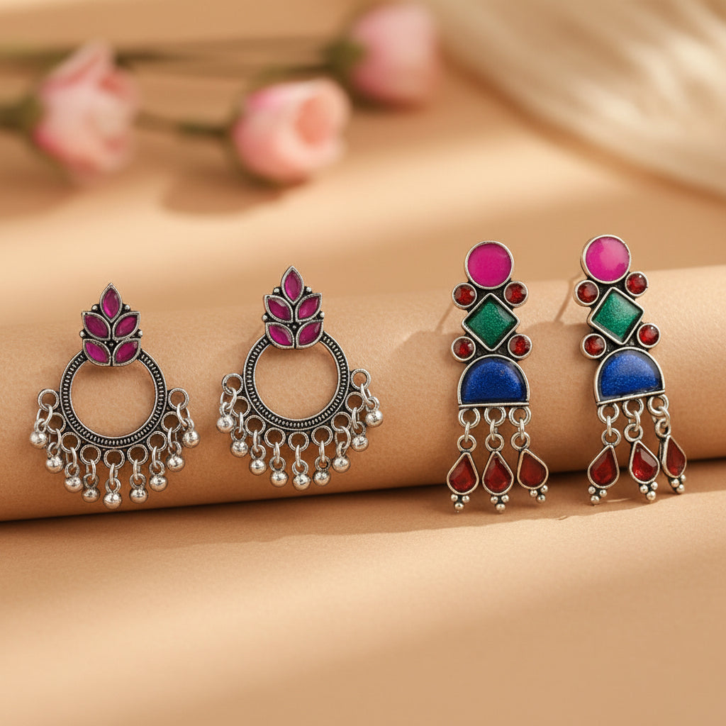 Fine Shine stud earrings (Red)&Rainbow rhine dangler earrings (Multicolored) Combo set