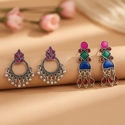 Fine Shine stud earrings (Red)&Rainbow rhine dangler earrings (Multicolored) Combo set