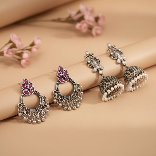 Fine Shine stud earrings (Red)&Sapphire Seher pearl jhumka earrings (White) Combo set