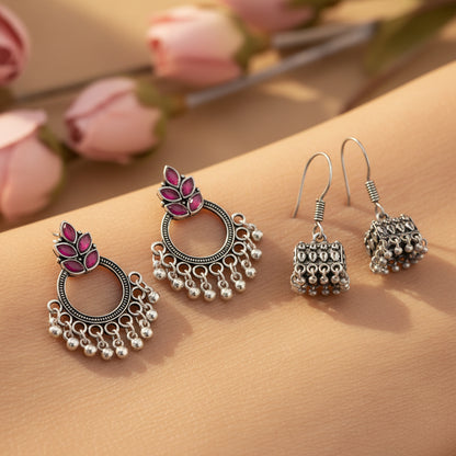 Fine Shine stud earrings (Red)&Tiny Twinkle jhumki earring (Silver) Combo set
